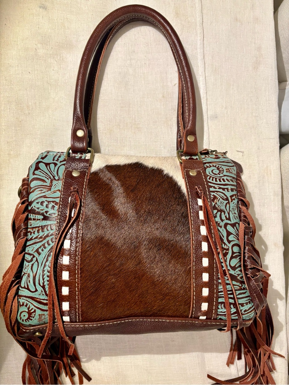 Myra Bag Cowhide Tooled Genui Leather Fringe Satchel Western Boho Bag Purse Med - Picture 6 of 15